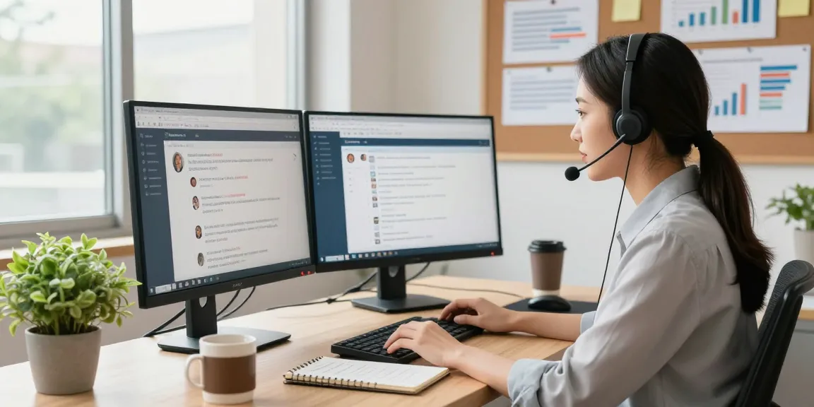 Customer support representative actively assisting clients in a modern workspace with dual monitors and office decor.