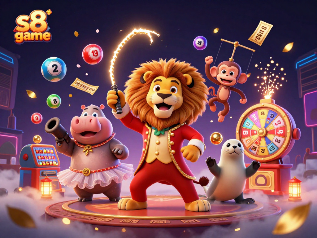 Engage in the exciting s8 game with vibrant characters, dynamic lottery elements, and energetic casino atmosphere.