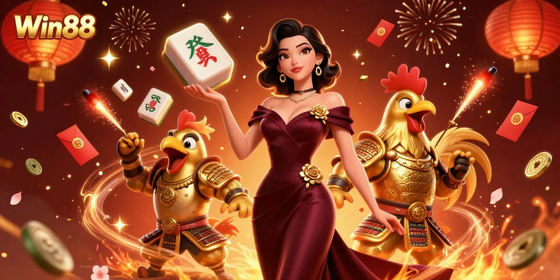 Win88 players enjoying vibrant celebrations with golden elements and game symbols surrounded by festive details.