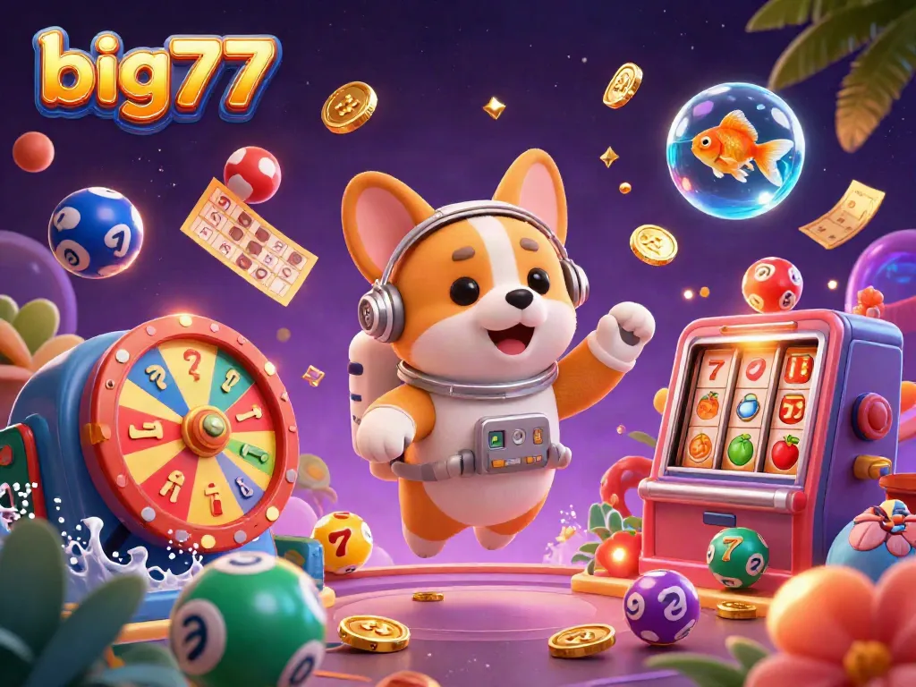 Experience big777 with a whimsical scene of a cartoon astronaut corgi in a floating casino, vibrant slot game elements, and casino treasures.