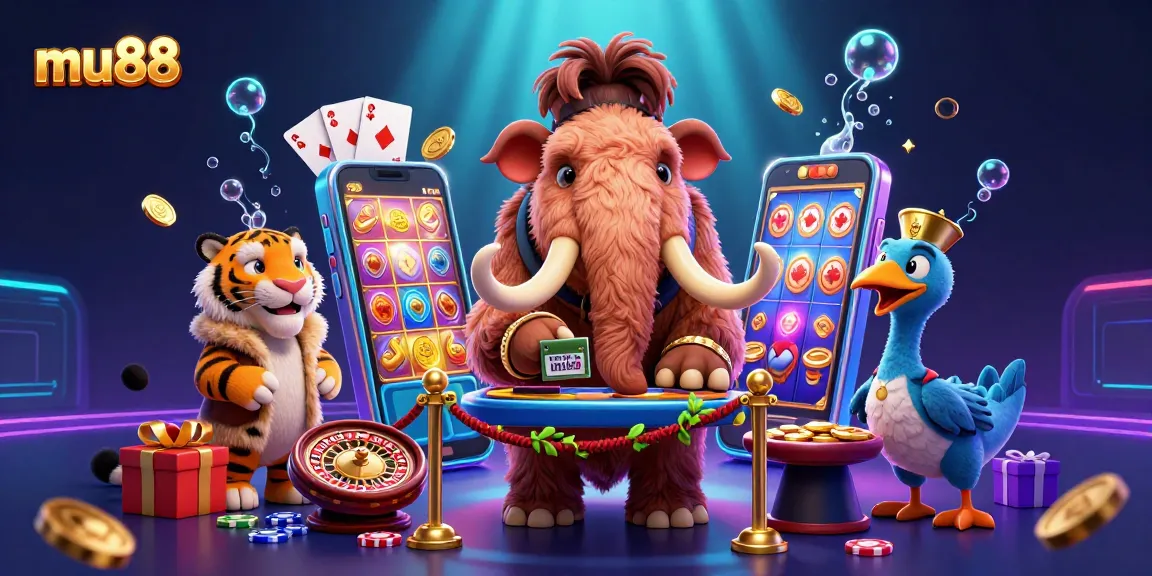 Experience vibrant casino fun at mu88 with cartoon characters and colorful game elements bursting forth.