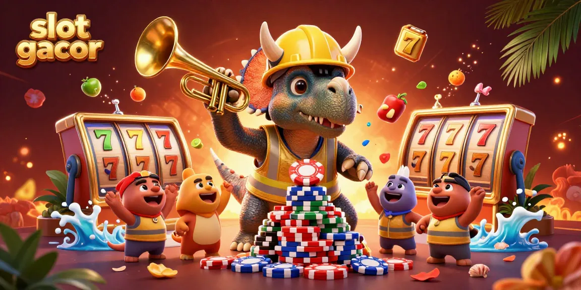 Experience the thrill of slot gacor with cartoon dinosaurs celebrating a jackpot win.