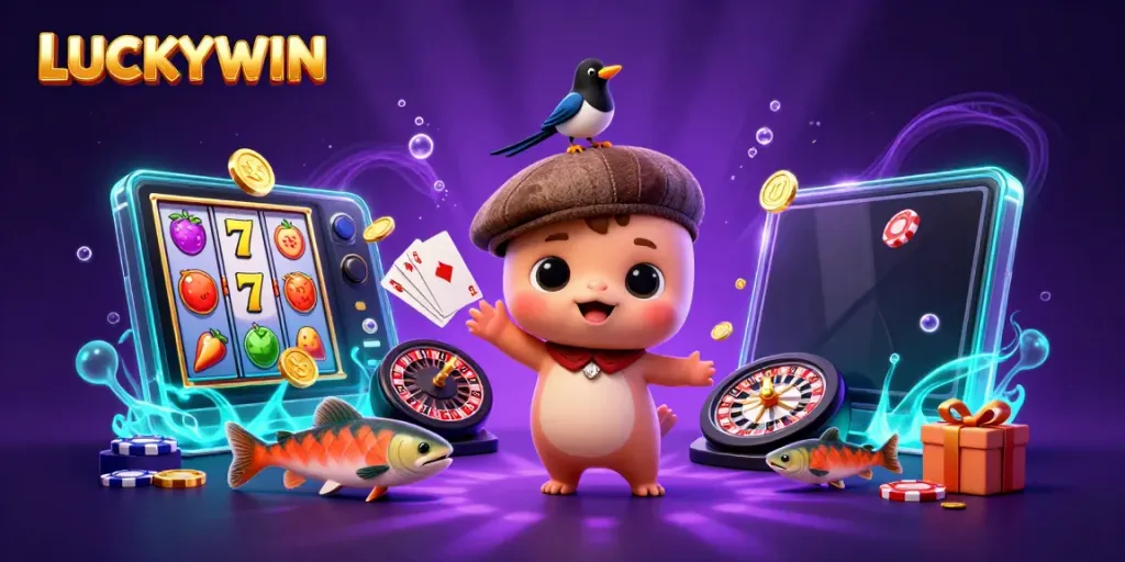 Engaging cartoon scene depicting LUCKYWIN with a playful baby Nessie and a magpie, surrounded by colorful casino elements.