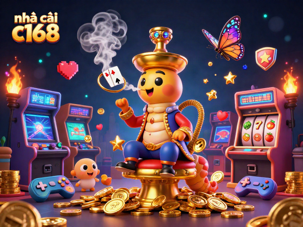 Experience thrilling gaming with nhà cái c168's vibrant 3D casino scene, featuring cartoon characters and game elements.