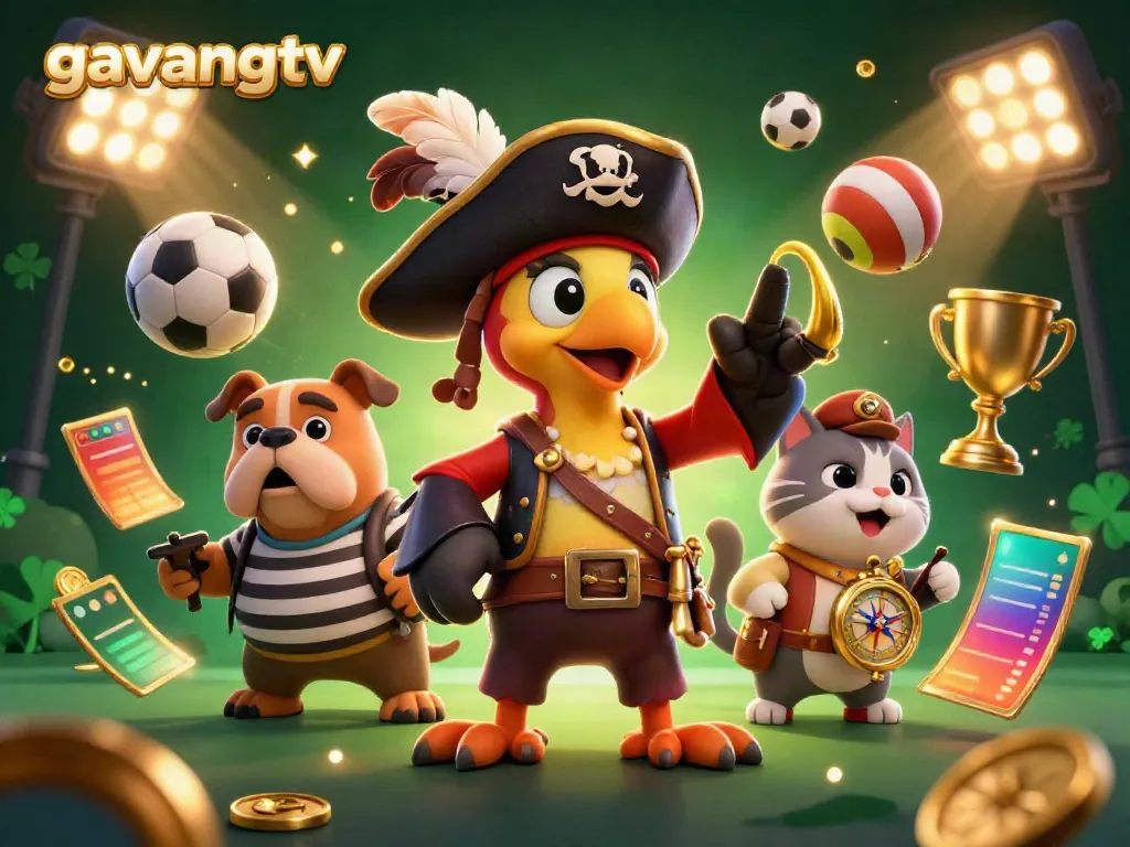 Join the thrilling action with gavangtv's dynamic betting experience amidst vibrant sports elements and characters.