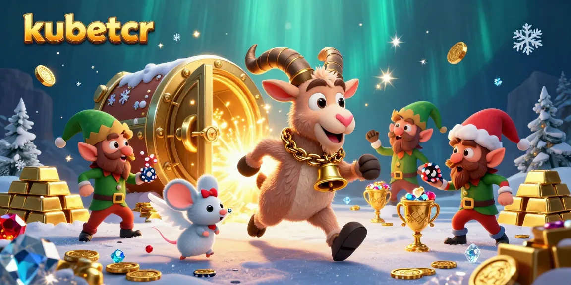 Play at kubetcr, a vibrant casino scene with Krampus and playful characters amidst riches.