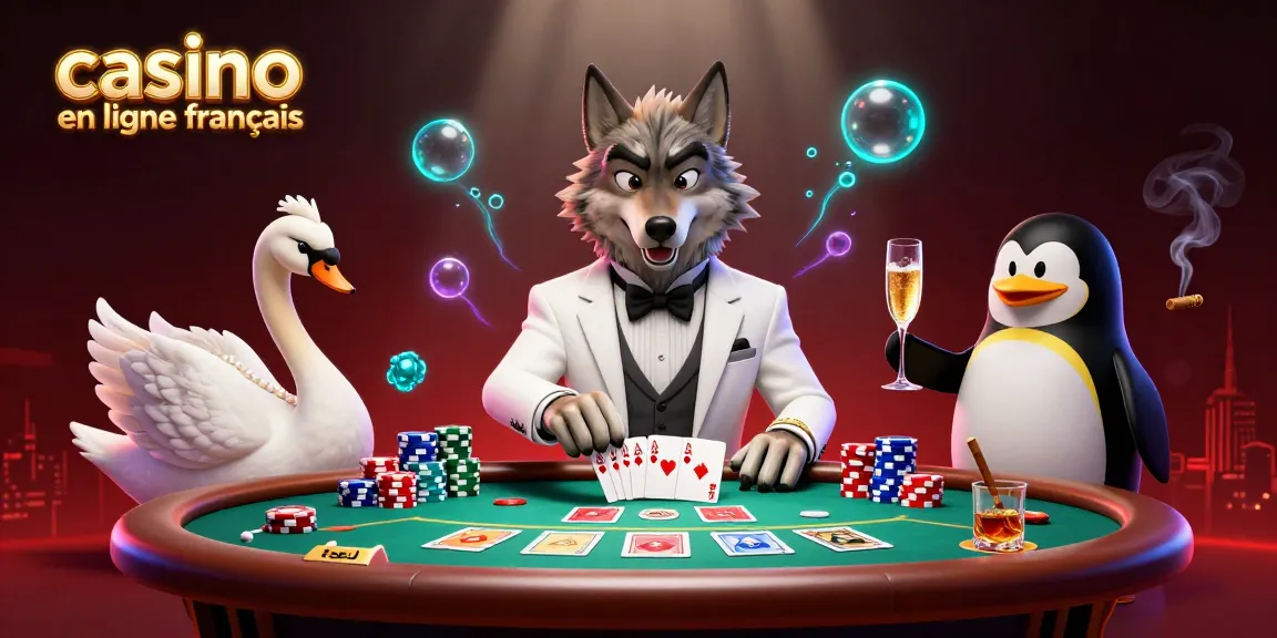 Illustration dynamique de casino en ligne français avec un loup, un cygne et un pingouin jouant au baccarat.