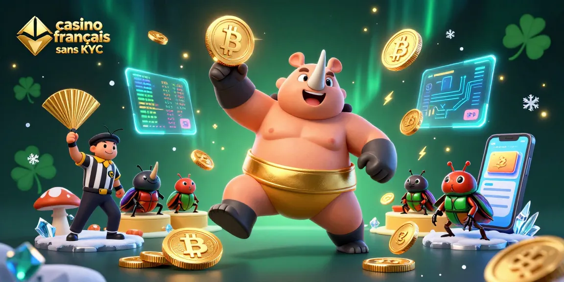 Casino français sans KYC : Illustration d'un scarabée sumo avec des pièces d'or et des éléments de crypto-monnaie