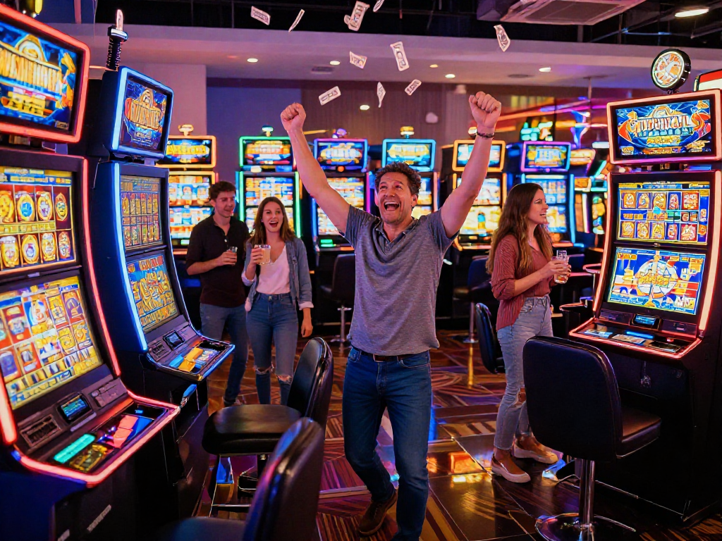 Player celebrating a huge slot jackpot win amidst colorful casino gaming machines.