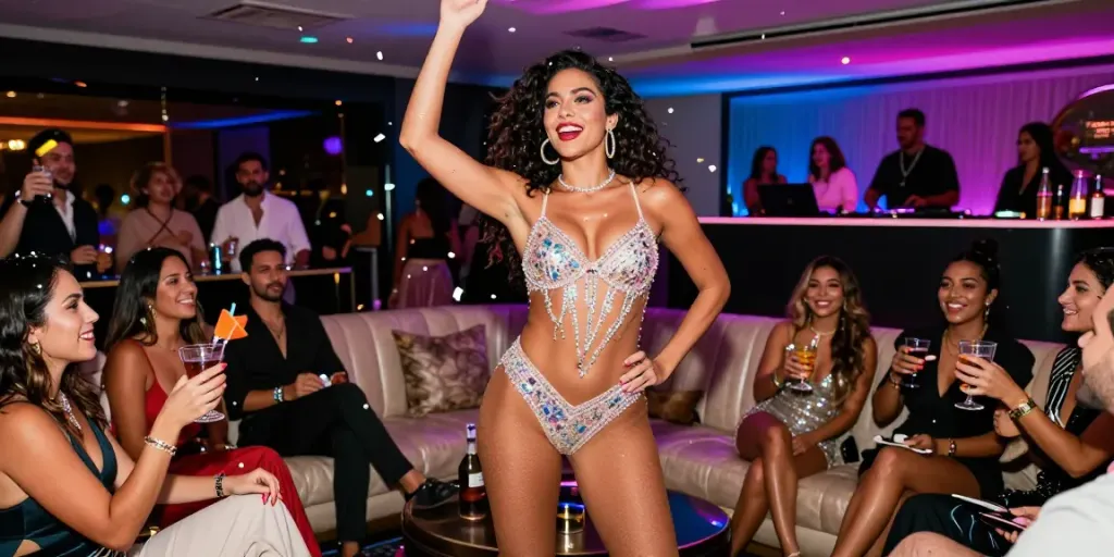 Strippers in Miami creating unforgettable experiences at a lively bachelor party with colorful lights and energetic atmosphere.