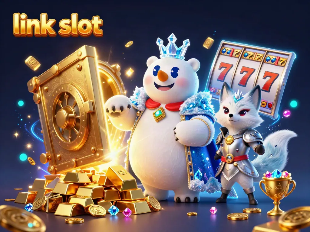 Experience the excitement of link slot with dynamic slot reels and treasure bursts in a vibrant casino scene.