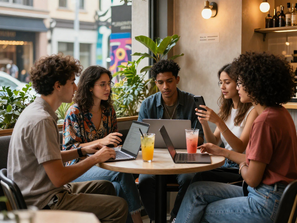 Young professionals enjoying a relaxed afternoon at a trendy café, demonstrating collaborative spirit and style with Motchill in focus.