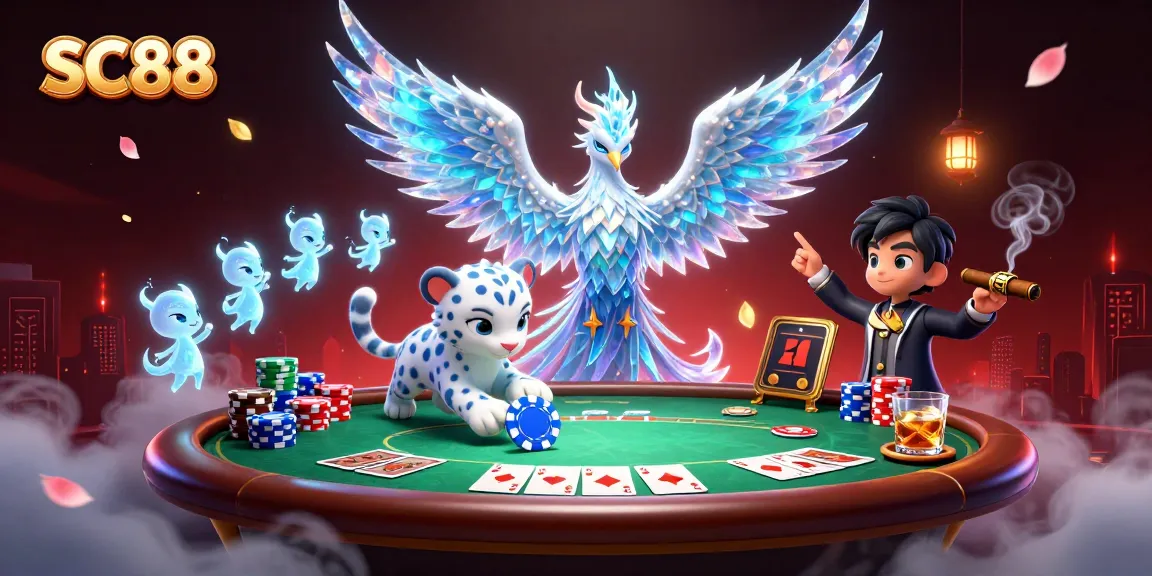 Bet at SC88 with a vibrant scene of fantasy characters celebrating a pivotal poker moment.