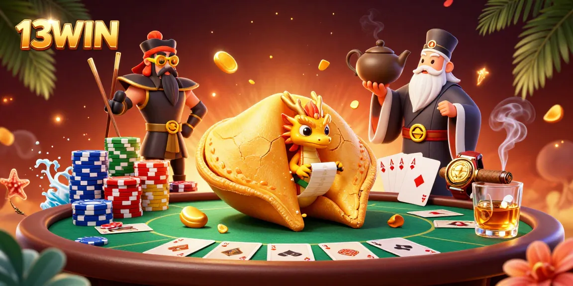 Engage in thrilling gameplay with 13WIN's vibrant casino atmosphere featuring dragons, fortune cookies, and poker.