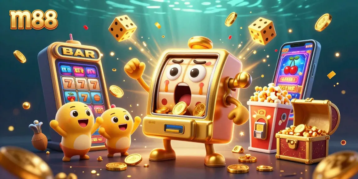 m88 celebrates big wins with a cartoon slot machine showering coins, surrounded by cheering mini machines and playful elements.