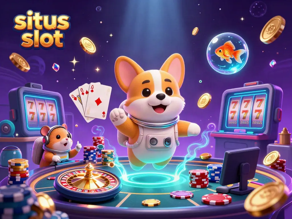Experience the excitement in a situs slot casino with floating characters, jackpot reels, and abundant golden coins.