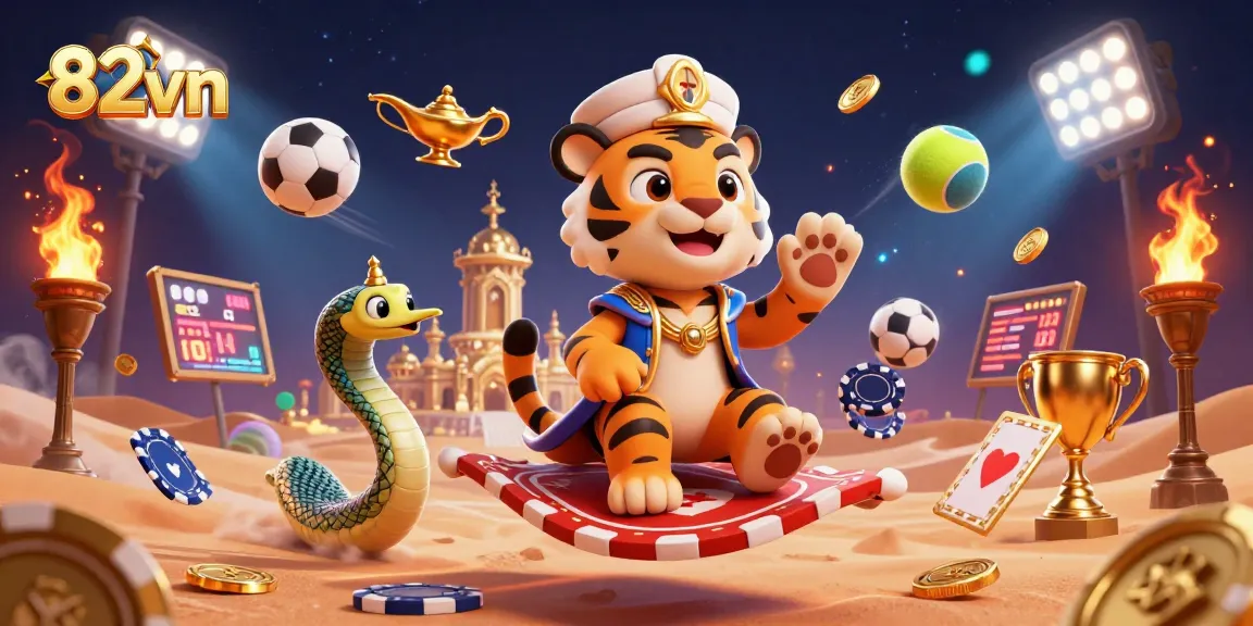 Bet on 82vn with an energetic scene featuring a cartoon tiger sultan and sports elements.