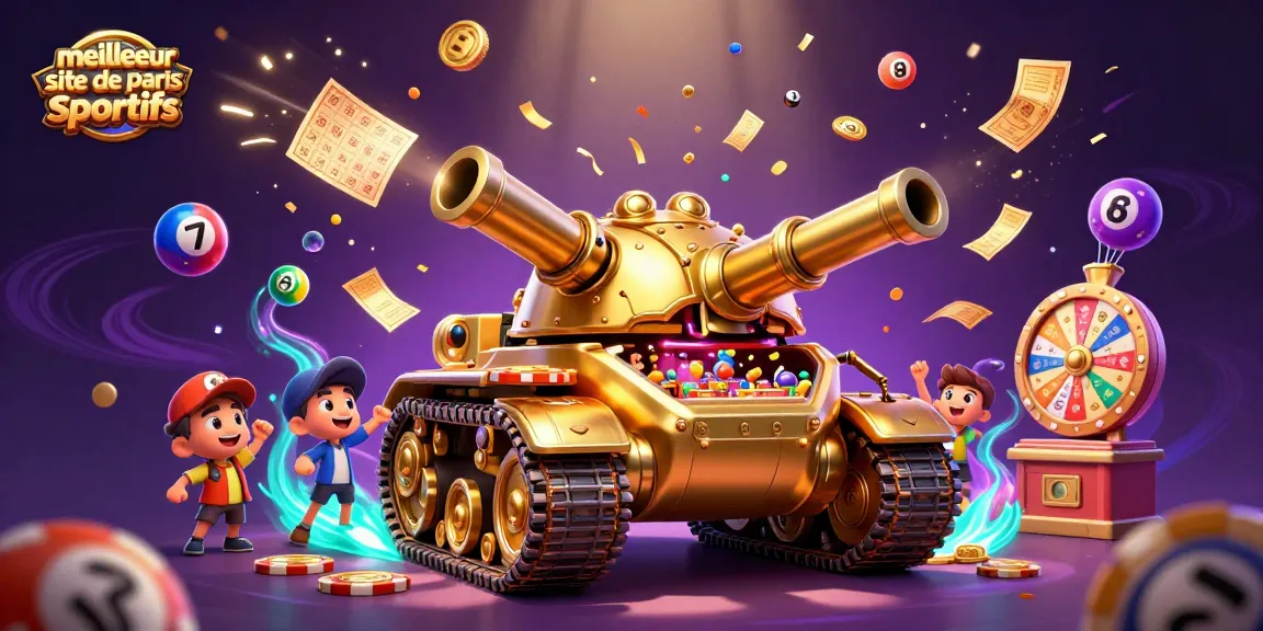 Visitez le meilleur site de paris sportifs avec un tank doré en modèle 3D et des éléments de jeu vibrants.