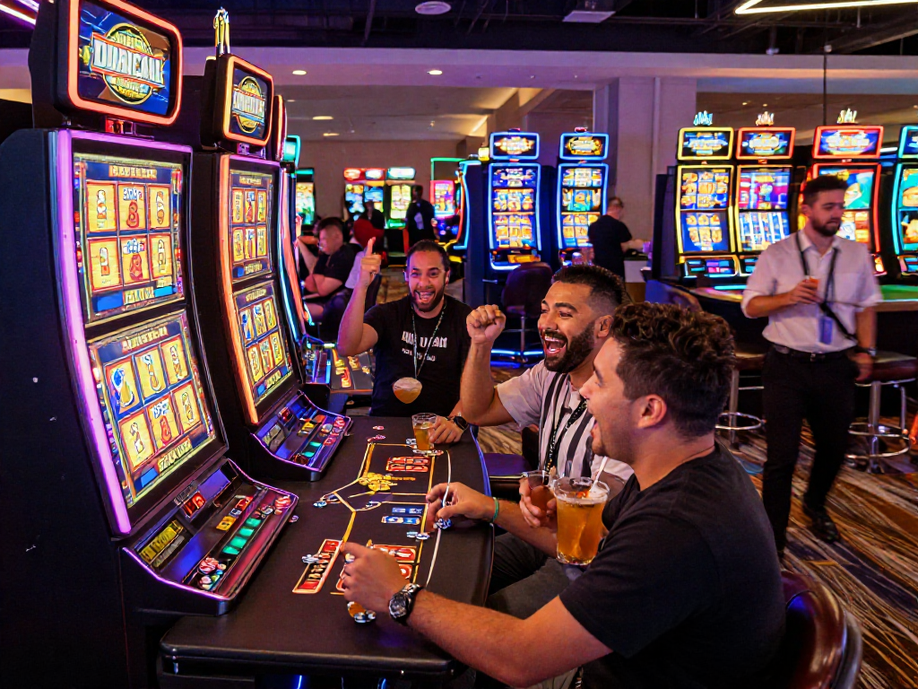 Excited players celebrating a slot jackpot win in a vibrant casino atmosphere.