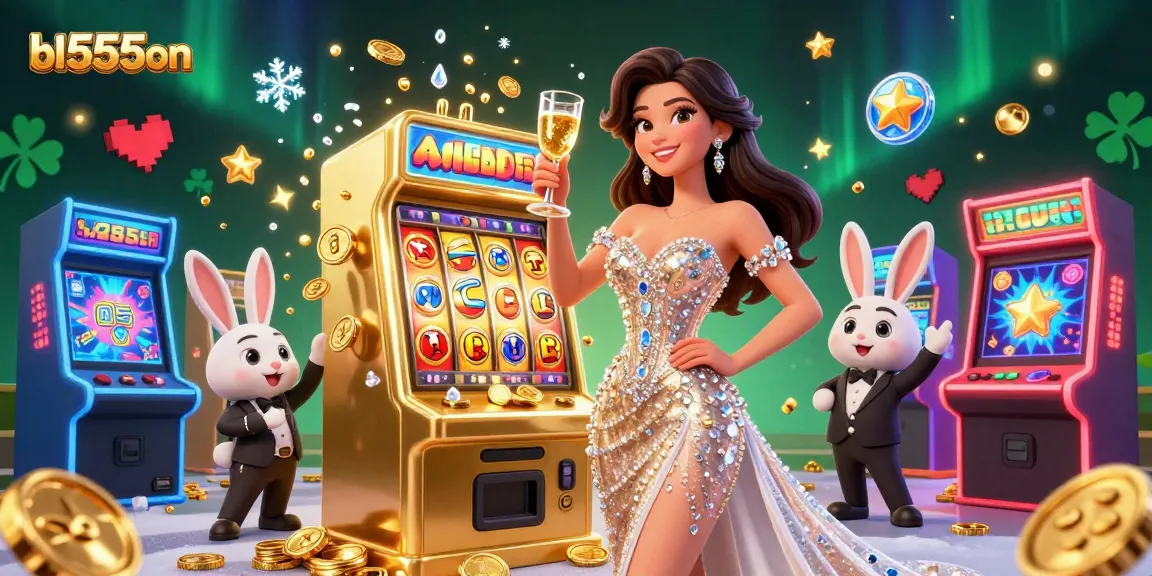 Experience thrilling jackpots at bl555on with a glamorous woman celebrating beside a golden slot machine.