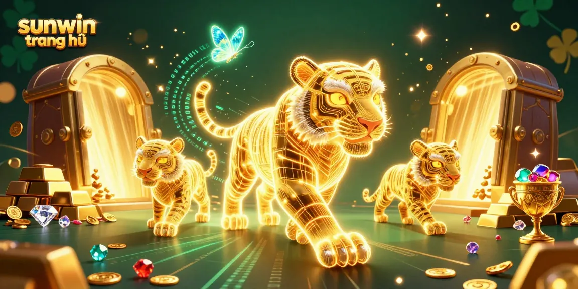 Engage with the vibrant world of sunwin trang chủ, showcasing a dynamic casino filled with golden treasures and animated characters.