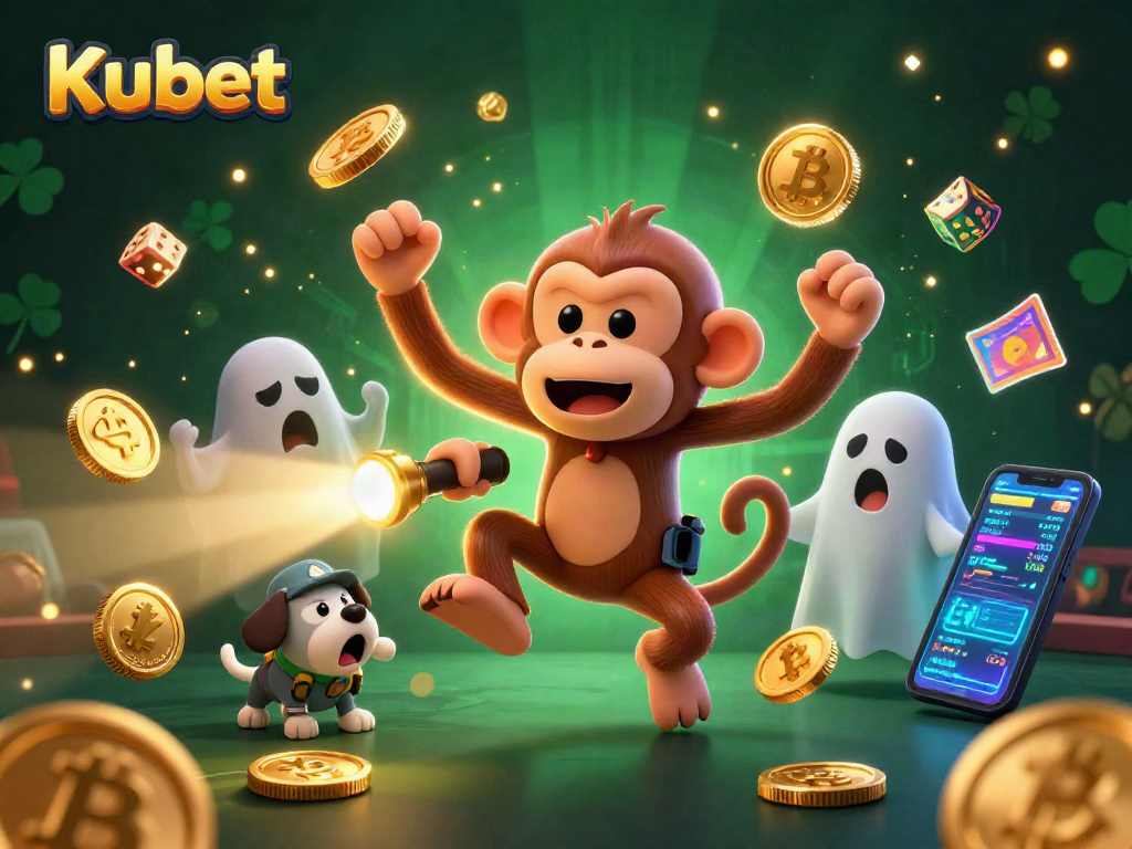 Kubet showcases an adventurous scene with a ghostly puppy chasing a playful poltergeist monkey juggling coins in a vibrant casino setting.