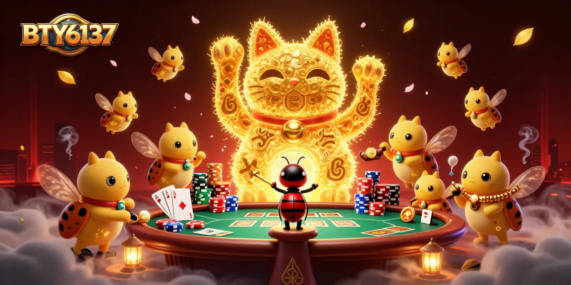 Experience the dynamic joy of BTY6137 with golden fireflies and poker elements in vibrant 3D style.