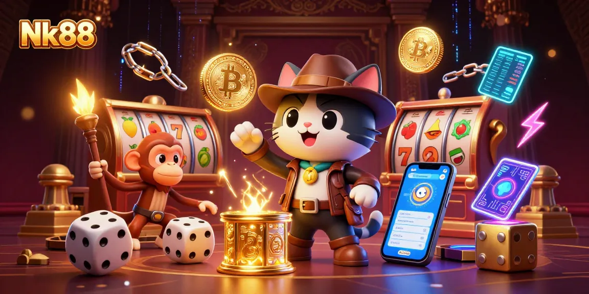 Experience thrilling action at Nk88 with a vibrant casino scene featuring a cat explorer and treasures.