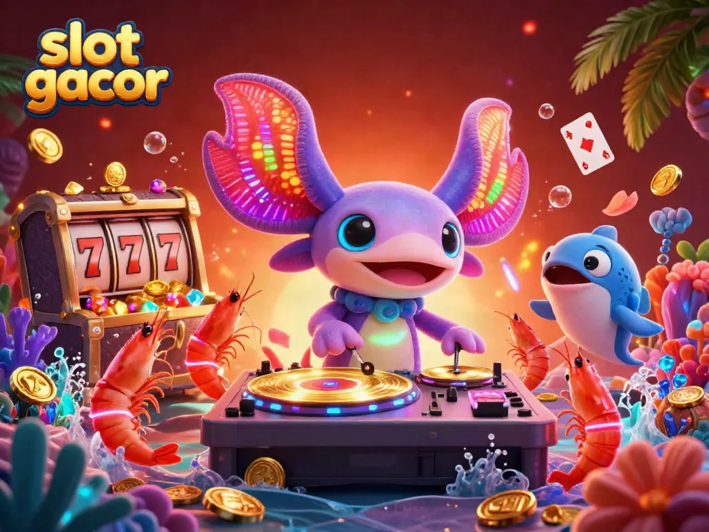Engage with slot gacor excitement in a vibrant underwater casino featuring a DJ axolotl.