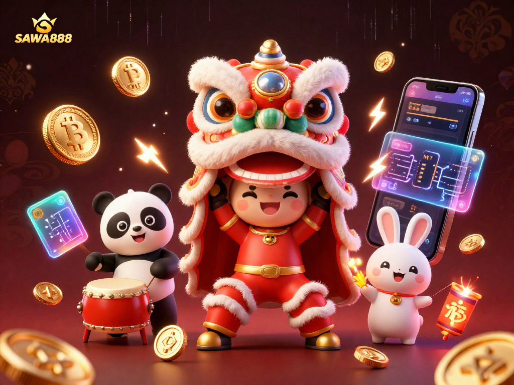Engage with SAWA888's vibrant gaming universe featuring animated characters celebrating with cryptocurrency coins.
