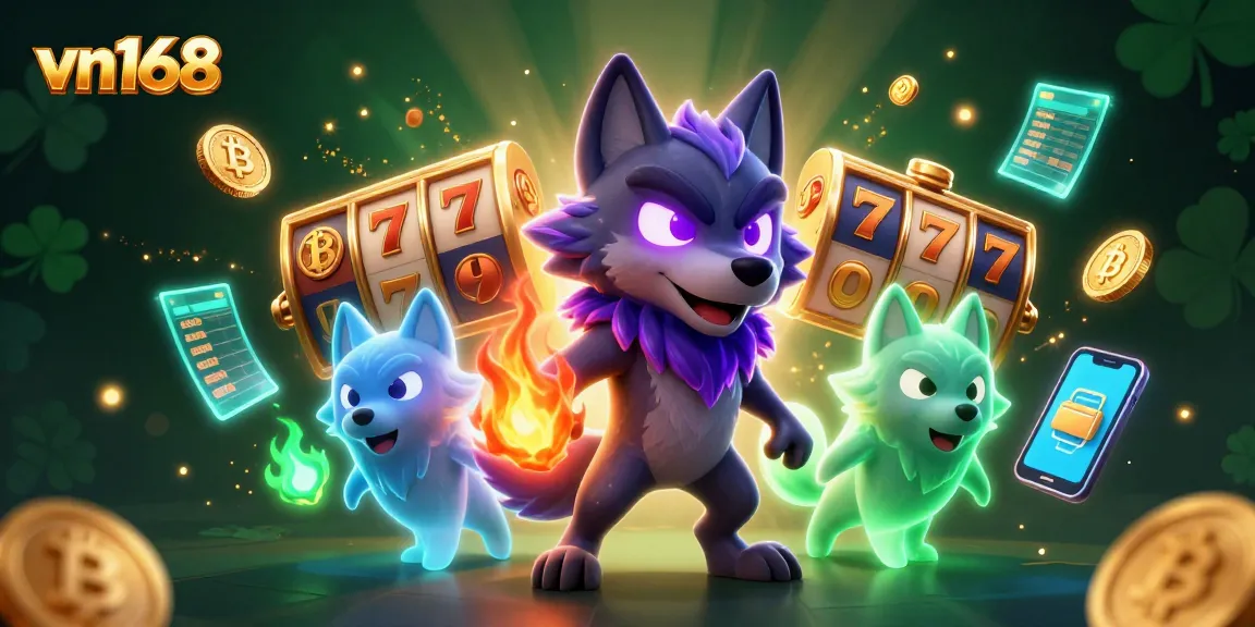 Experience thrilling gameplay with vn168, featuring a dynamic wolf trio amidst vibrant casino elements and crypto coins.