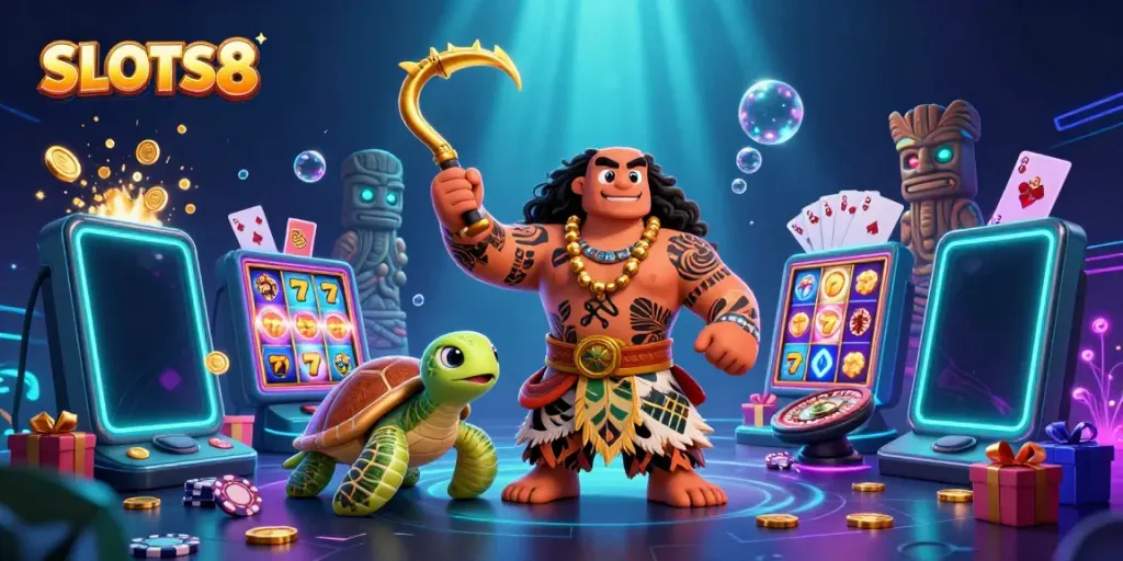 SLOTS8 spins with a tribal demigod and turtle amidst vibrant slot game elements in a glowing casino scene.