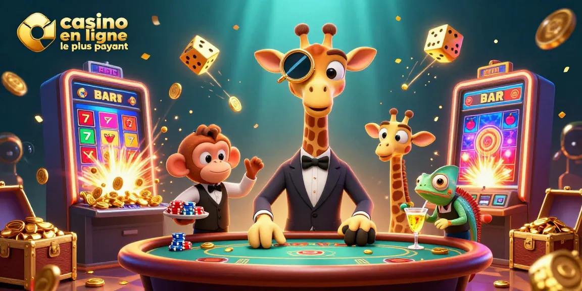 Jouez au casino en ligne le plus payant avec une girafe élégante, un valet singe, et un barman caméléon, entourés de machines à sous et de jets de pièces d'or.