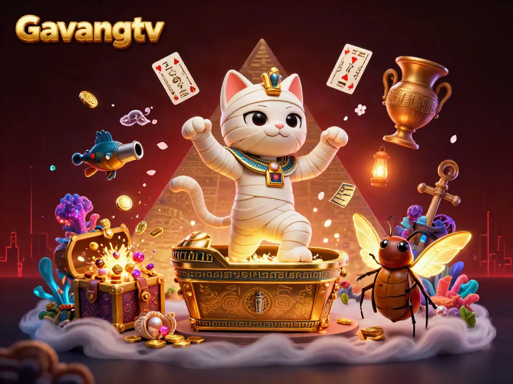 Witness Gavangtv's thrilling online gaming experience in a vibrant, detailed pyramid casino scene.