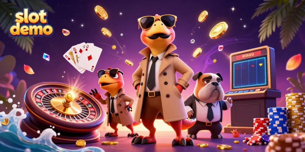 Rasakan sensasi slot demo dengan tiga raptor lucu dalam trench coat di lounge VIP kasino.