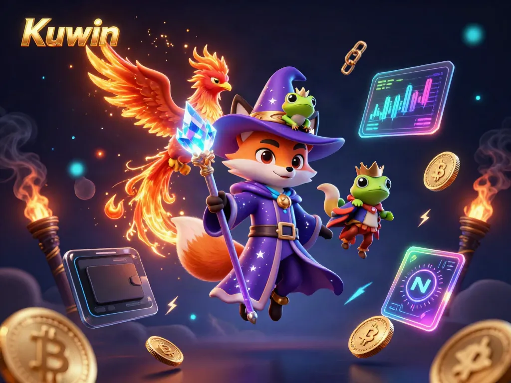 Kuwin's magical casino scene featuring a wizard fox and a phoenix surrounded by crypto elements, illustrating vibrant gaming excitement.