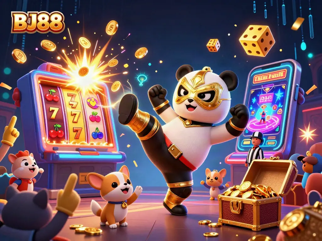 BJ88 chaos of excitement as a luchador panda kicks with casino elements bursting around it, showcasing thrilling gambling action.