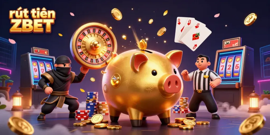 Experience rút tiền ZBET with a captivating 3D illustration of a piggy bank sumo wrestler surrounded by coins and gaming elements.