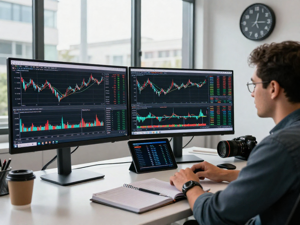 在TradingView官网上，交易者分析股票和加密货币趋势的现代办公环境。
