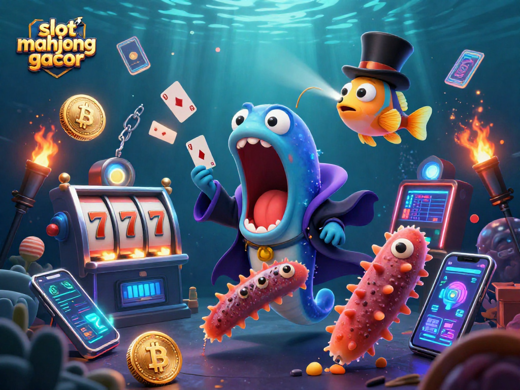 Experience slot mahjong gacor magic with a vibrant underwater casino illustration featuring playful characters.