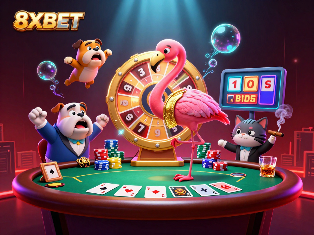 Engage with the exciting 8XBET scene featuring a flamingo game show host, bulldog contestant, and casino elements.
