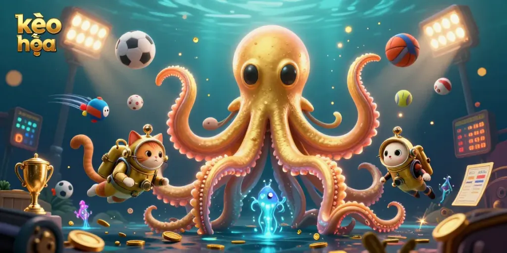 Bets come alive in kèo nhà cái with a kraken, diving cat, and dynamic sports elements.