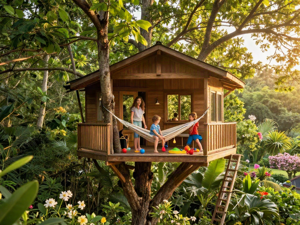 Family enjoying tree house life amidst lush greenery and sunshine