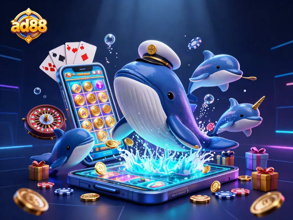 Experience thrilling gaming adventures with ad88 featuring a whimsical whale, narwhal, and dolphins in a vibrant scene.