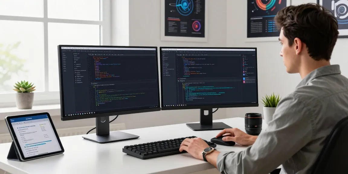 Developer optimizing instant indexing at a modern tech workspace with dual monitors and coding tools.