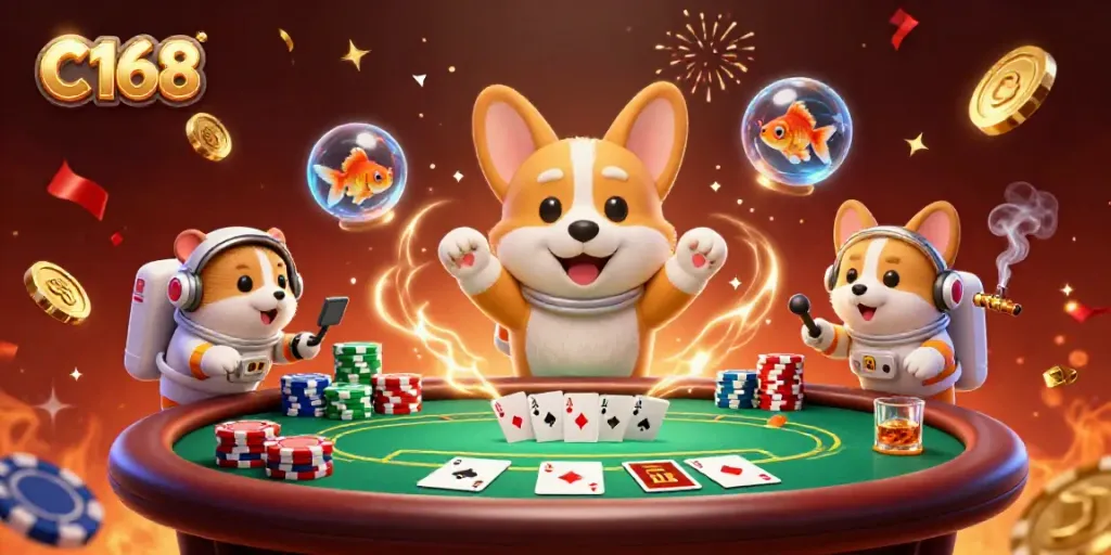 C168 casino illustration featuring an astronaut corgi, poker chips, and a mission-control hamster, immersing players in gaming excitement.