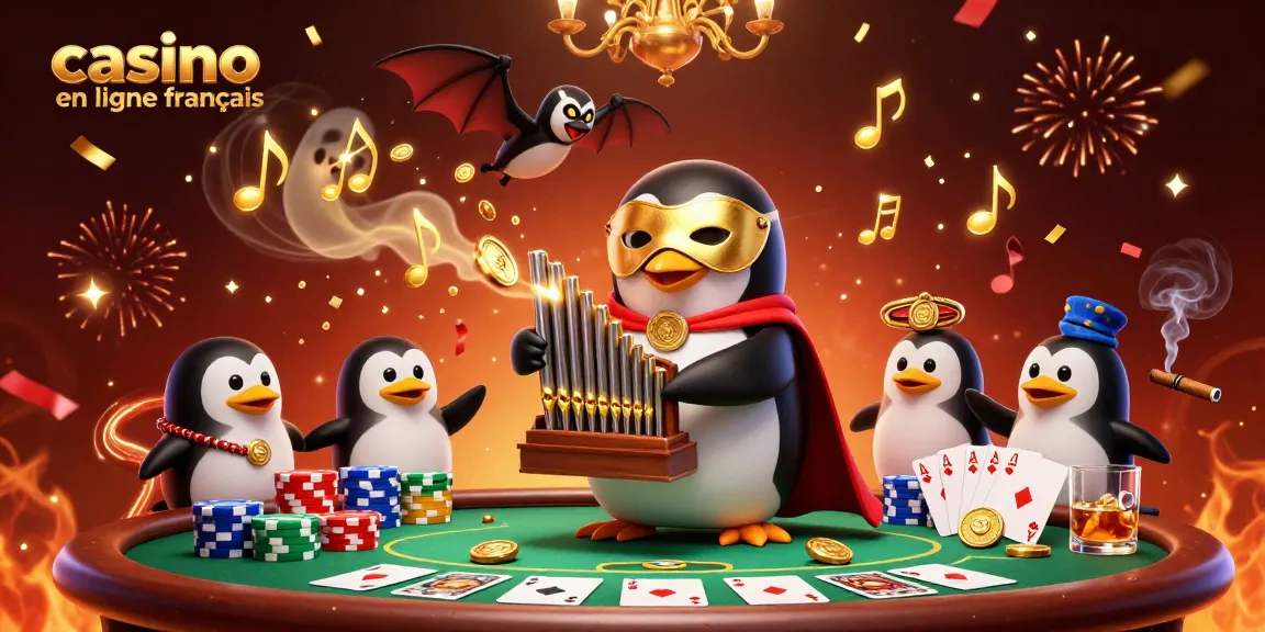Le casino en ligne français en pleine action avec des pièces d'or, un pingouin, et une ambiance festive.