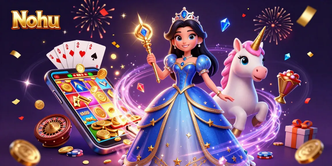 Nohu features an enchanting scene with a royal blue gown and magical gaming elements celebrating casino excitement.