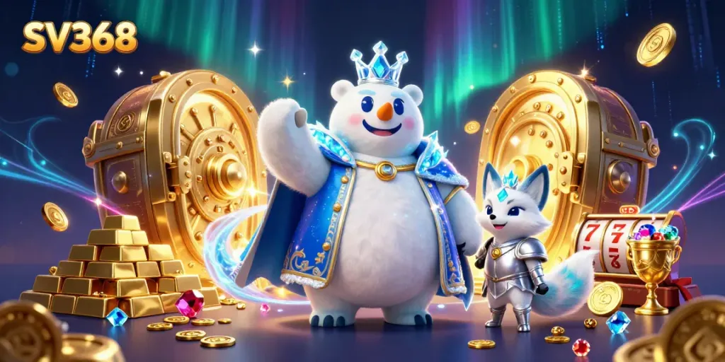 Experience thrilling action at SV368 with the dynamic 3D cartoon scene of a polar bear king amid treasure and gaming elements.