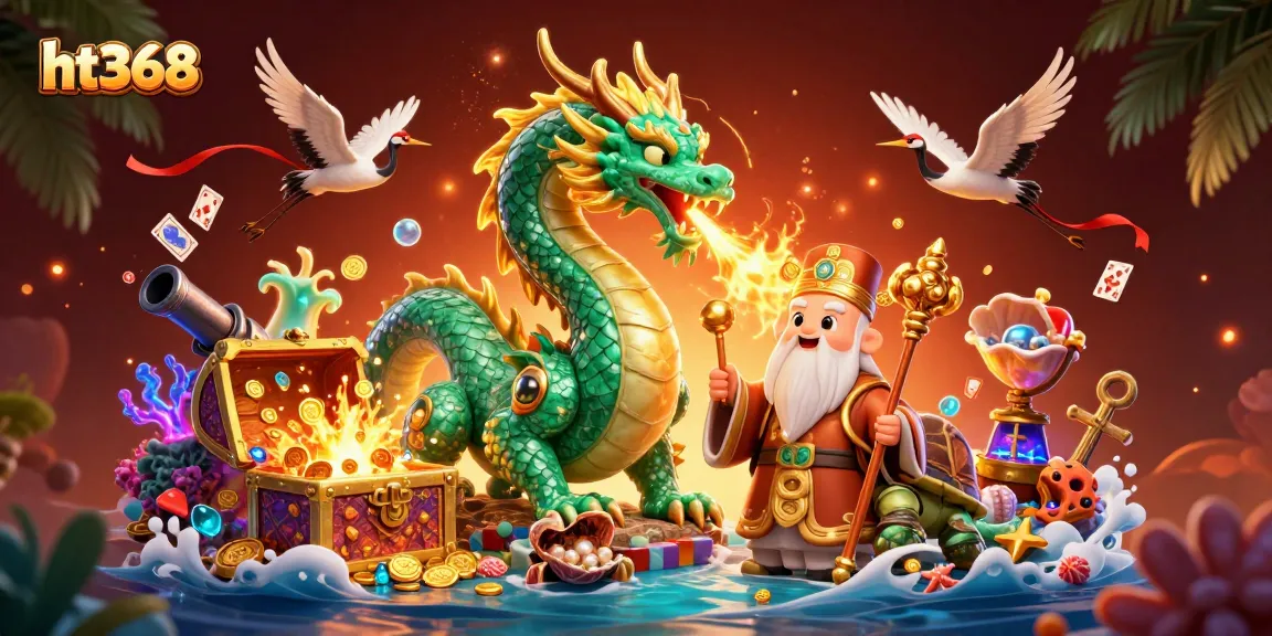 Immerse yourself in ht368's thrilling gaming adventure with a mystical dragon and wise turtle in this vibrant digital scene.
